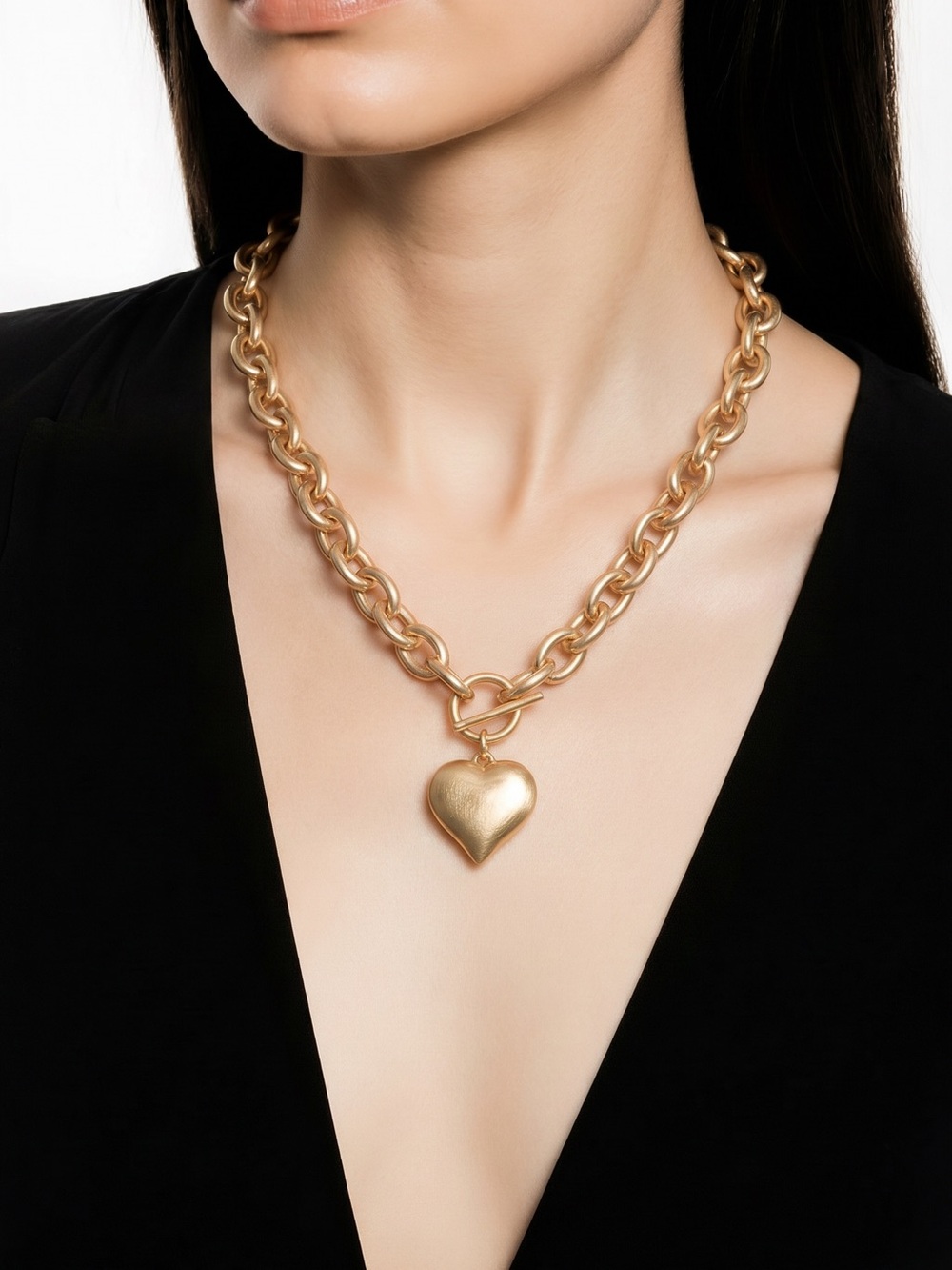 Gold Toned Chain Necklace with Heart Pendant - Women Jewelry